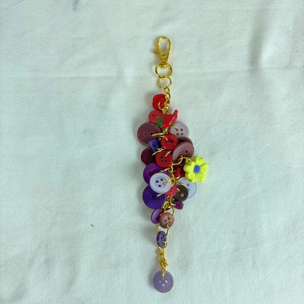 Handmade Colorful Button Cluster Bag Charm Keychain Gold Tone Flower Strawberry